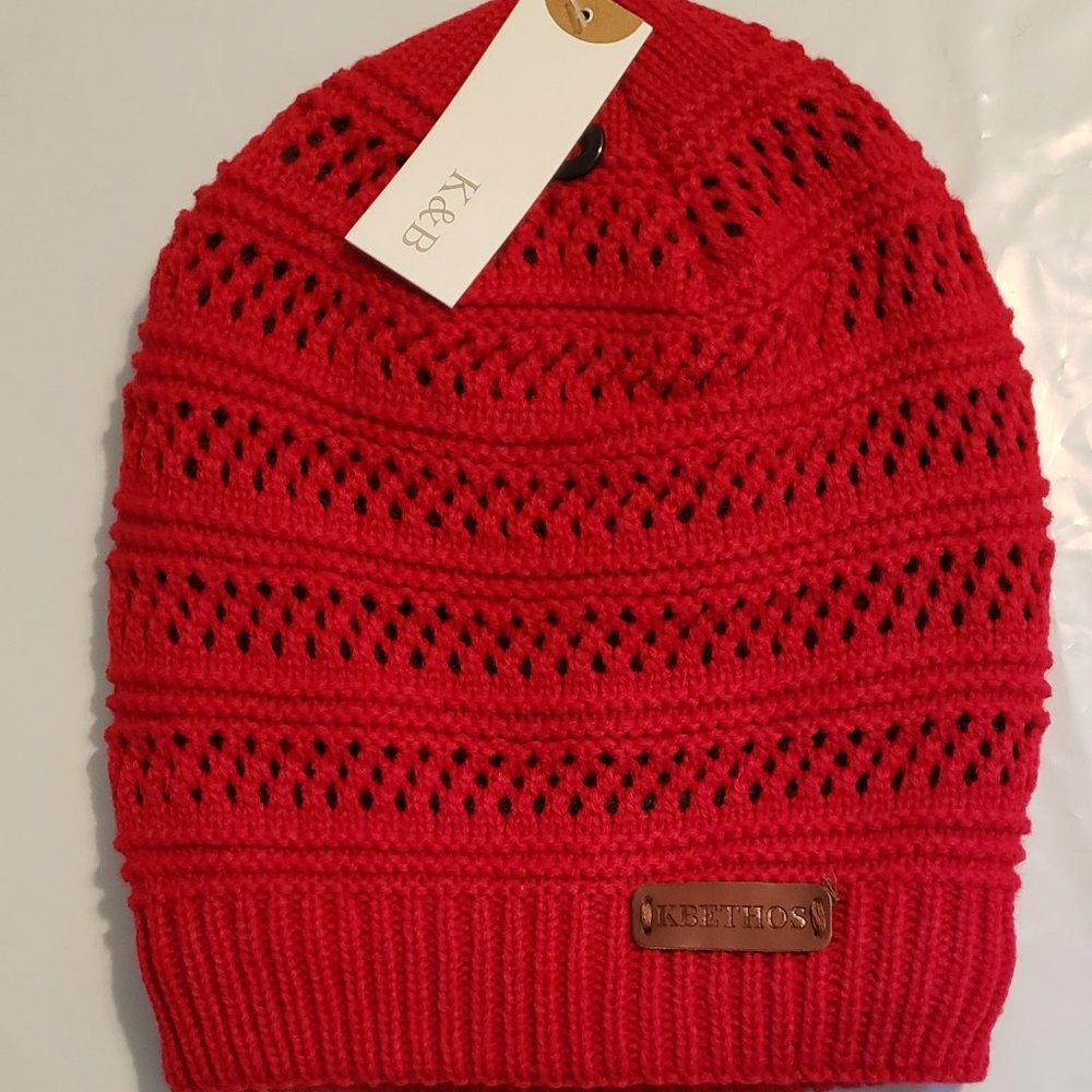 KB Red Twist Knit Sherpa Lined Beanie